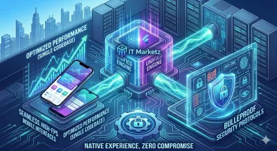 Technical illustration of high-performance cross-platform architecture featuring bulletproof security protocols and native-level speed