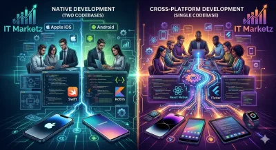 Infographic comparing Native vs Cross-Platform Development, showcasing separate iOS and Android pipelines versus single codebase efficiency