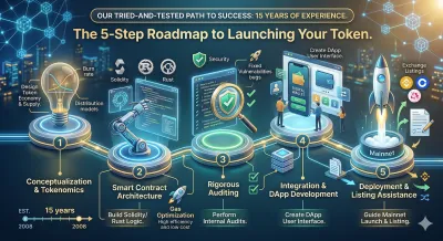 A 5-step roadmap infographic for Token Development Services Chandigarh by IT Marketz, covering tokenomics, smart contracts, auditing, DApp integration, and deployment.