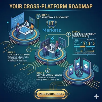 Infographic of IT Marketz's 3-step cross-platform app development roadmap including strategy, agile development, and multi-platform launch