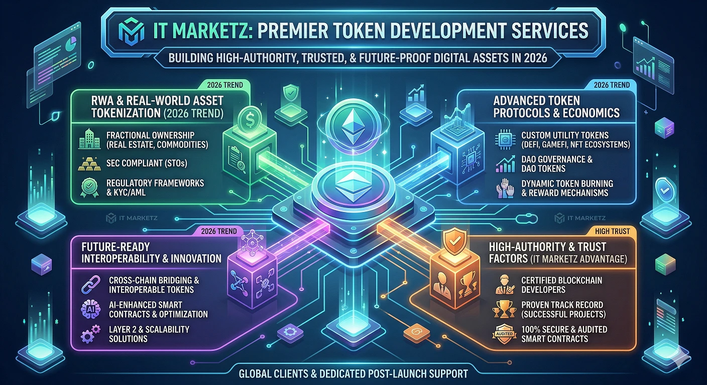IT Marketz 2026 Infographic: High-authority Token Development Services featuring RWA, DAO, and secure smart contracts.